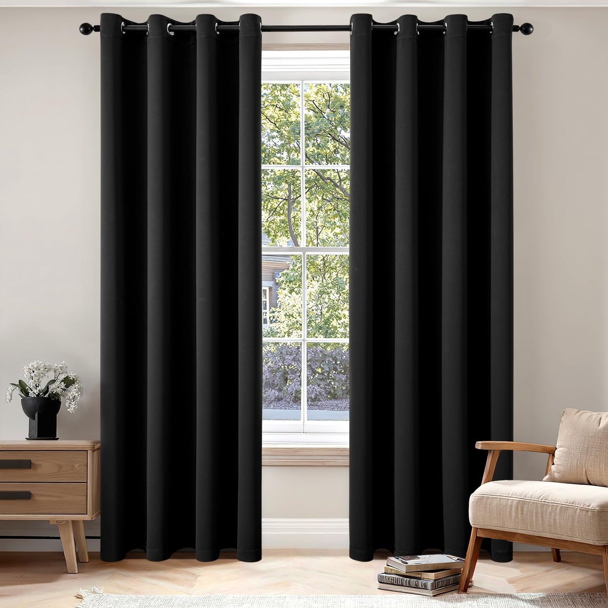 Gordijnen, zwart, ondoorzichtig, met ringen, 175 cm lang, zachte verduisteringsgordijnen voor kamers, set van 2 verduisteringsgordijnen voor woonkamer, slaapkamer, ondoorzichtig, gordijn met