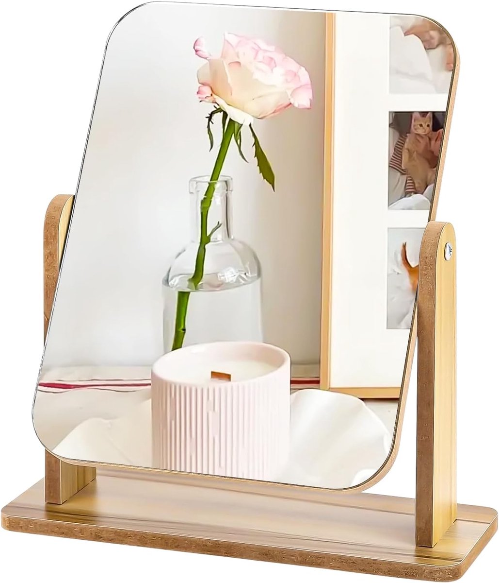 spiegel klein, staande houten beautyspiegel, vrijstaande tafelspiegel voor make-uptafel, bureau, slaapkamer, badkamer, afneembaar, eenvoudig