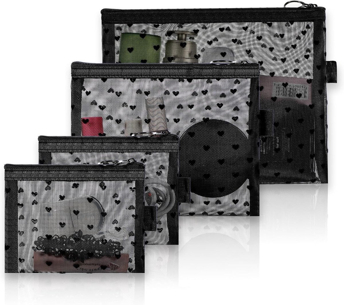 Make-uptasset met hartprint, kleine mesh make-uptassen draagbare reismake-uptas, tas met hartprint, ritszakje, toilettassen voor dagelijks of reizen (zwart), Zwart