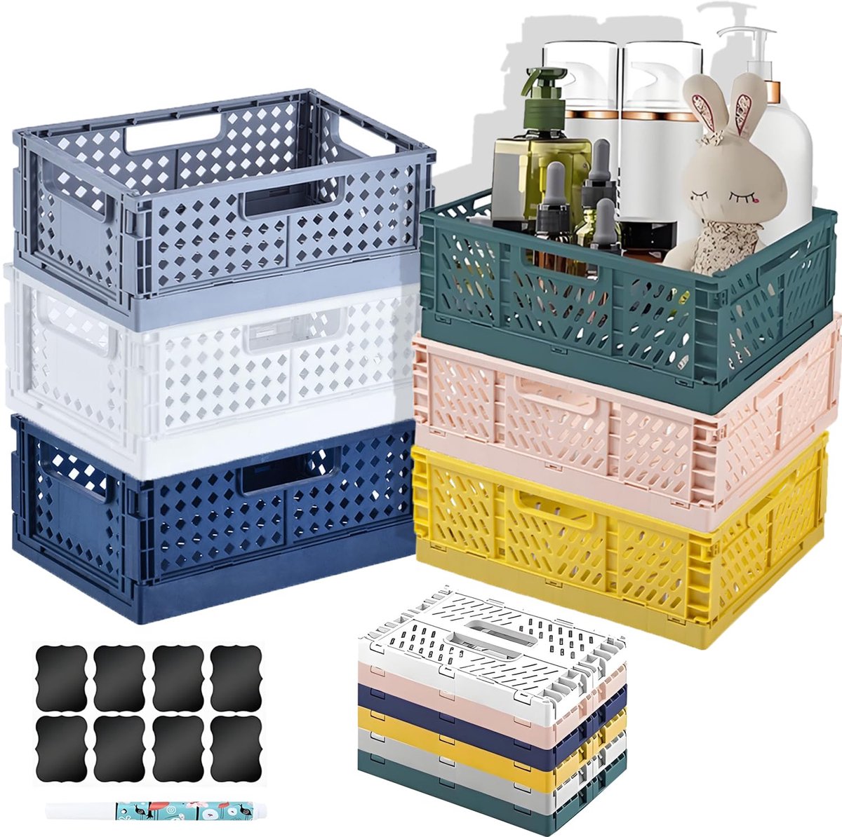 6 Stuks Vouwdoos Klein Plastic,Mini Manden Plastic Vouwdoos, Stapelcontainer Organizer Voor Opvouwbare Opbergmand,Opbergdozen Opbergdozen Voor Kinderkamer,Keuken,Studeerkamer
