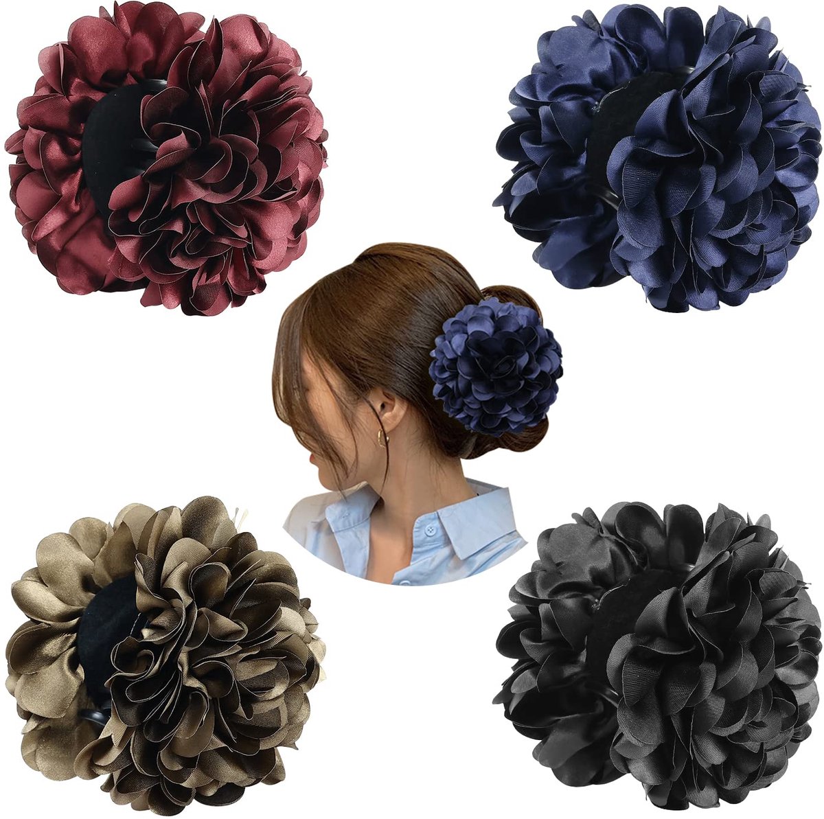 4 stuks zwarte plastic haarklauwen clips met grote grote satijnen bloem boog haarspeldjes klemmen paardenstaart broodjes chignon houders haaraccessoires voor vrouwen meisjes