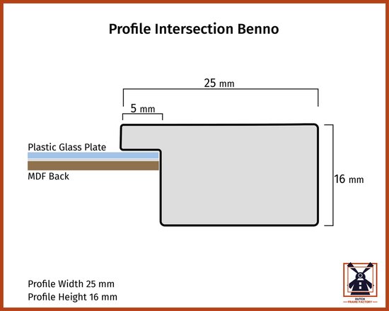 Profieldoorsnede van fotolijst met afmetingen 25mm breed en 16mm hoog. Bestaat uit plastic glasplaat en MDF-achterkant.