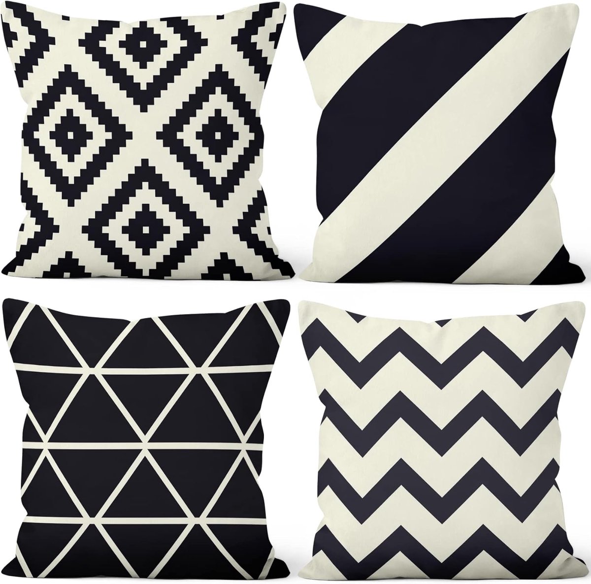 Kussenslopen Set van 4, zwart-wit geometrie kussenhoezen minimalistische streep zachte korte pluche vierkante kussensloop voor bank bank slaapkamer auto stoel woondecoratie 40 cm x 40 cm