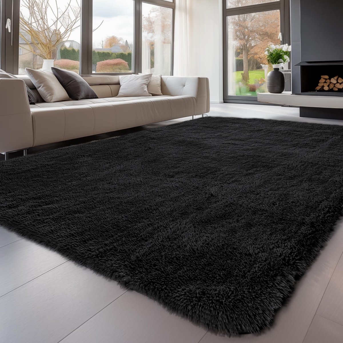 Lemon Hoogpolig tapijt 160x230cm, Zwart, tapijt, woonkamer,wasbaar, antislip, extra groot, slaapkamer, pluizige moderne tapijten, mat tapijten voor slaapkamer en kinderkamer