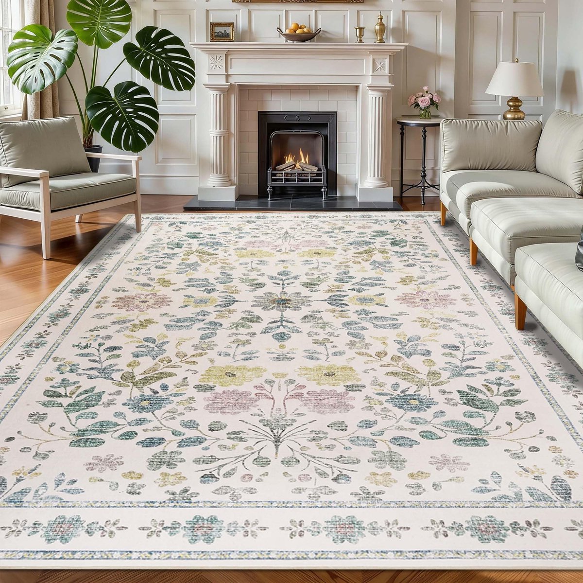 Beige vloerkleden voor de woonkamer, grote 160 x 230 cm, wasbare bloementapijten voor slaapkamer, vintage vloerkleed, antislip laagpolig, boho-tapijt, zacht tapijt voor woonkamer, eetkamer