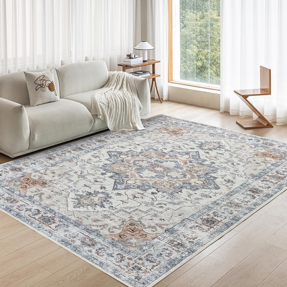 Wasbare vloerkleden voor woonkamer, slaapkamer, laagpolig tapijt, antislip tapijt, traditioneel zacht oosters tapijt voor keuken, eetkamer, 200 x 290 cm, Taupe Bruin Faux