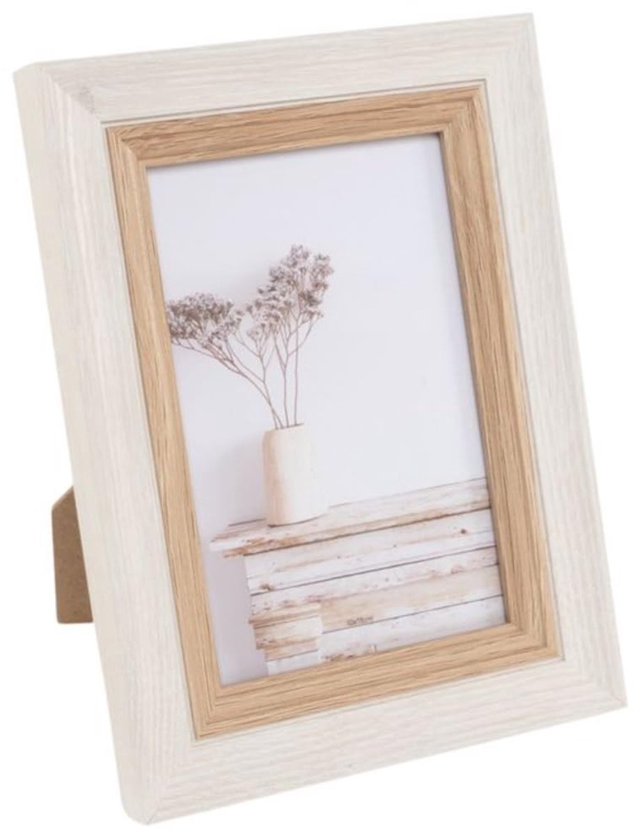 Fotolijst, 10 x 15 cm, kunststof, houteffect, wit en beige, decoratieve fotolijst, boho, rustiek, 20 cm