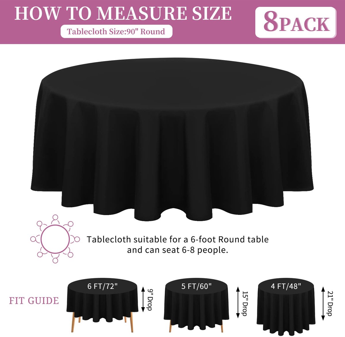 Tafelkleed 229 cm cirkel polyester tafelkleed, wasbare stof, vlek- en kreukbestendig tafelkleed, ronde tafelkleding voor bruiloften, feesten, banket, receptie, dineren