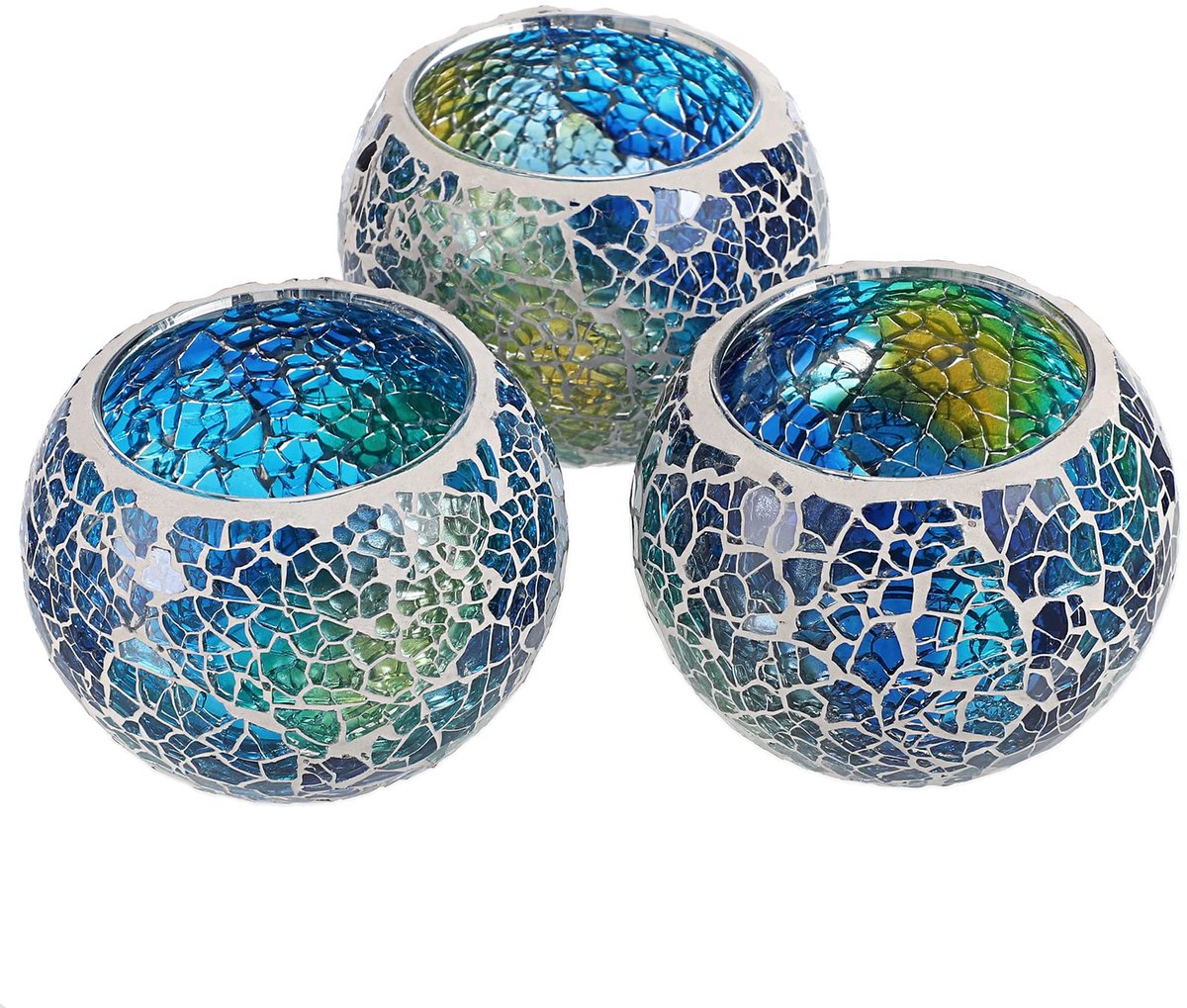 Set van 3 mozaïekglazen theelichtkaarsenhouders, decoratieve votief kaarsenstandaard, ronde kaarsenhouder centerpieces voor tafel, bruiloft, feest, woondecoratie (blauw)
