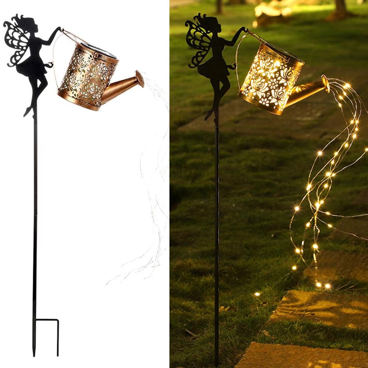 Fee Waterketel Licht, Tuin Decoratieve Smeedijzer Retro Schattig Elf Floor Light, Draadloze Dusk tot Dawn LED Lamp Waterdicht.