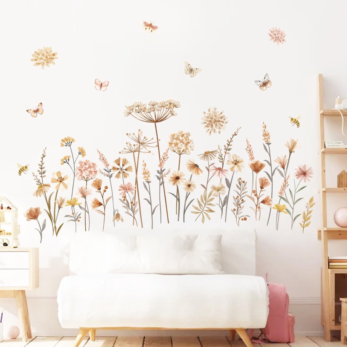 decalmile Boho Tuin Bloem Muurstickers Wilde Bloemen Paardebloem Daisy Muurtattoo Slaapkamer Woonkamer TV Achtergrond Wanddecoratie