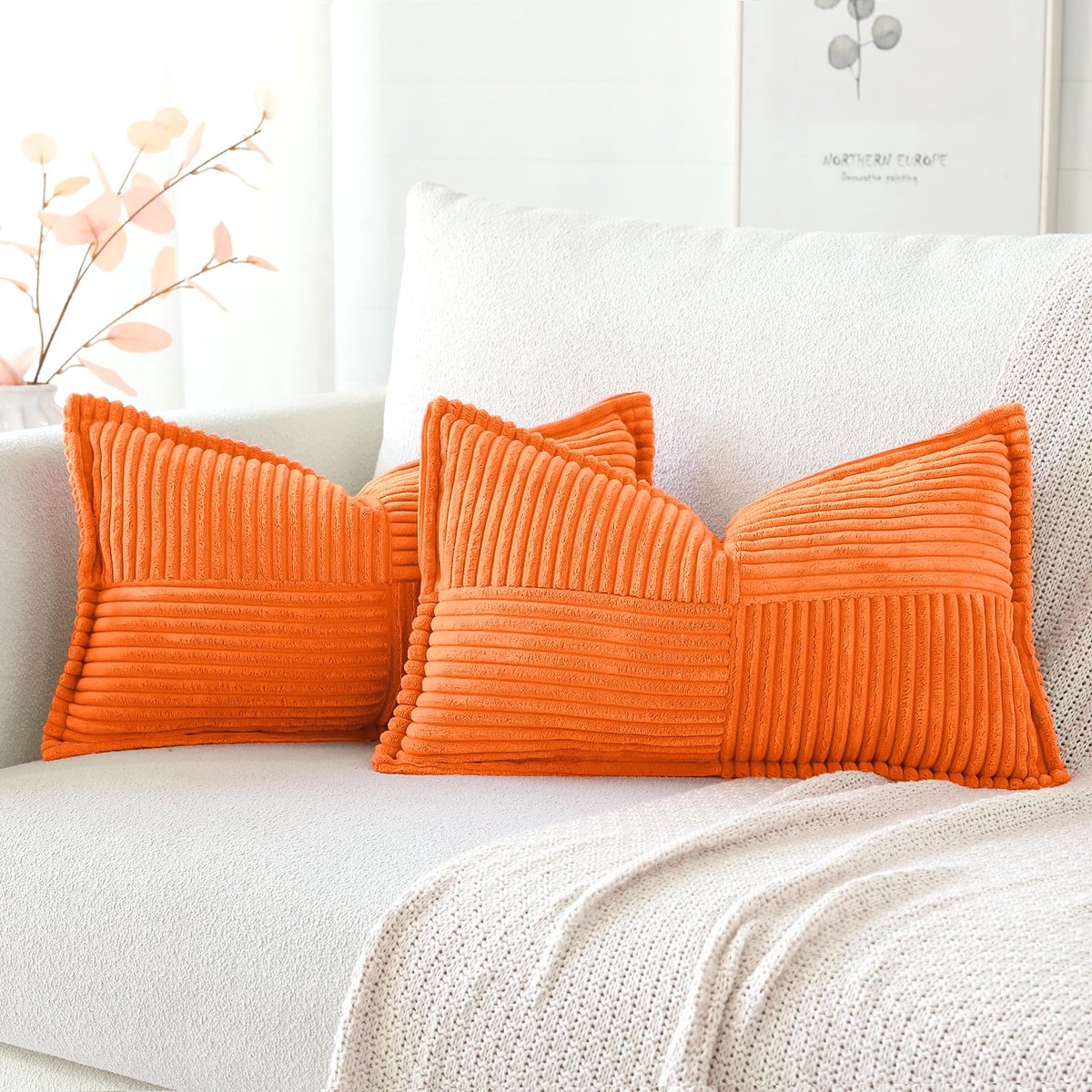 Set van 2 stuks corduroy kussenhoezen, fluwelen kussenovertrekken, zacht decoratief kussen, modern, omwikkelde rand, sofakussen voor woonkamer, slaapkamer, oranje, 40 x 60 cm