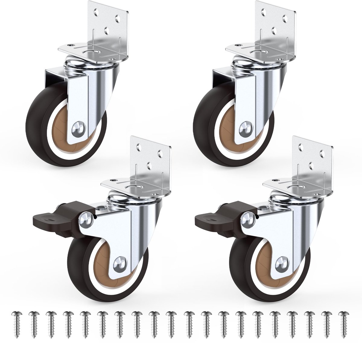 Dikke L-montageplaat, meubelwielen, 50 mm, geruisloze rubberen wielen met 2 remmen, L-vormige wielen voor meubels, 360° zwenkwielen voor meubels, 115 kg dragen, ideaal voor bloemenstandaard