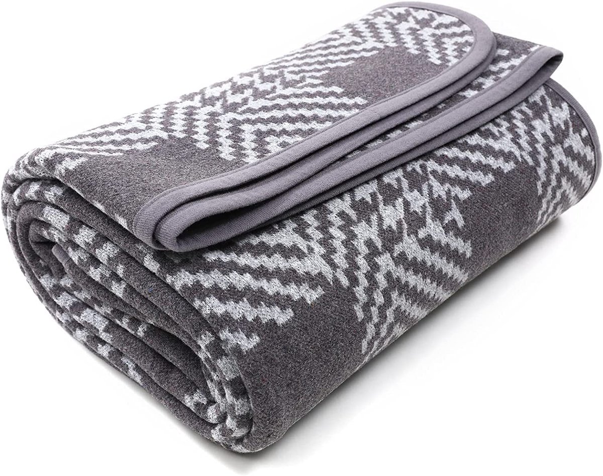 Merino wollen deken, warme deken, woondeken, bankdeken, sprei, plaid, bank, grote deken, ideaal voor outdoor, camping, alle seizoenen (160 x 220 cm, Houndstooth Grey)