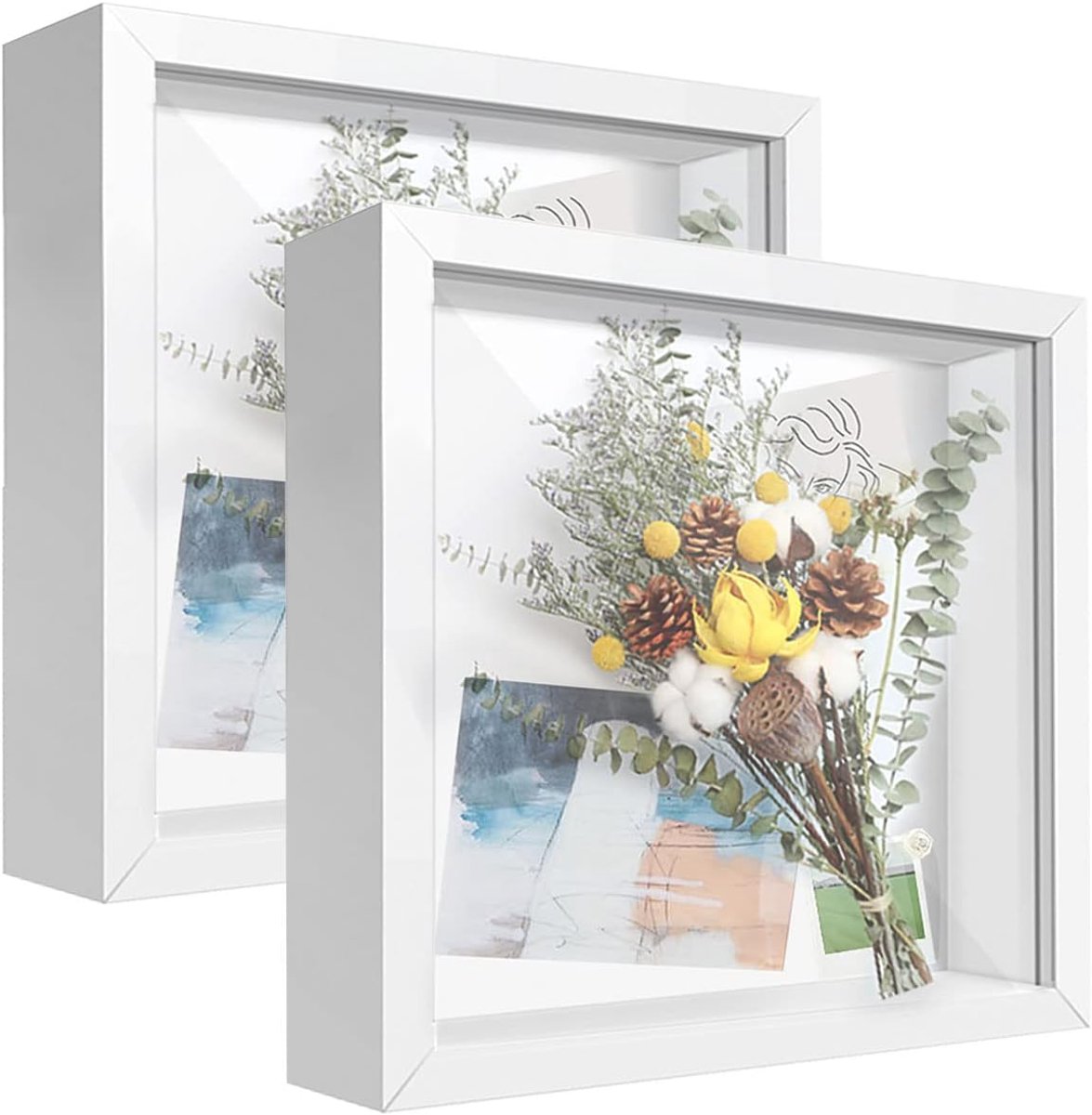20 x 20 cm, doos, diepe houten fotolijst, vierkante fotolijst, staand of aan muur, voor het tentoonstellen van medailles, bloemen en knutselwerken, 2 stuks