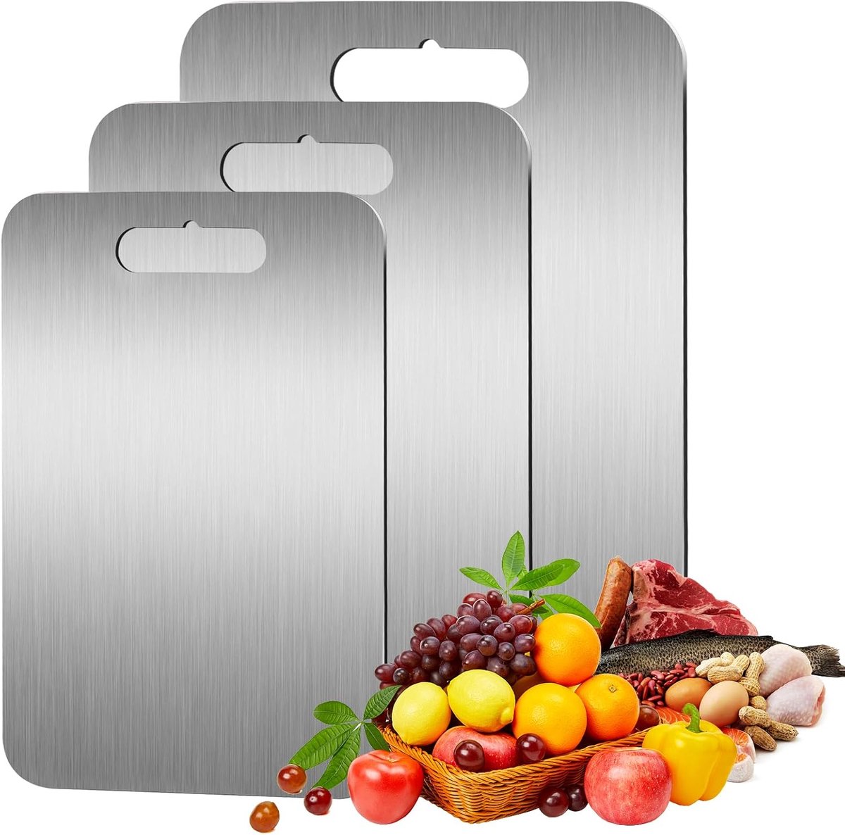 Set van 3 titanium snijplanken, roestvrij staal, 1 mm dikke snijplank, roestvrij staal, titanium snijplanken zonder microplastic, keukenplank om te snijden, titanium snijplank voor fruit