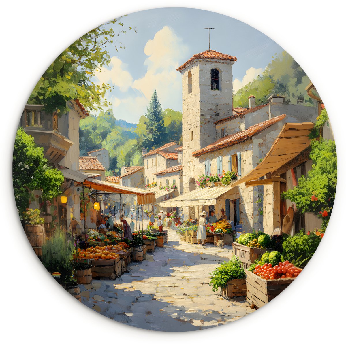 WallCircle® Wandcirkel 140x140 cm - Muurcirkel Dorp - Zon - Kraampjes - Huizen - Muurdecoratie woonkamer - Wanddecoratie slaapkamer - Kamer decoratie accessoires - Ronde schilderijen