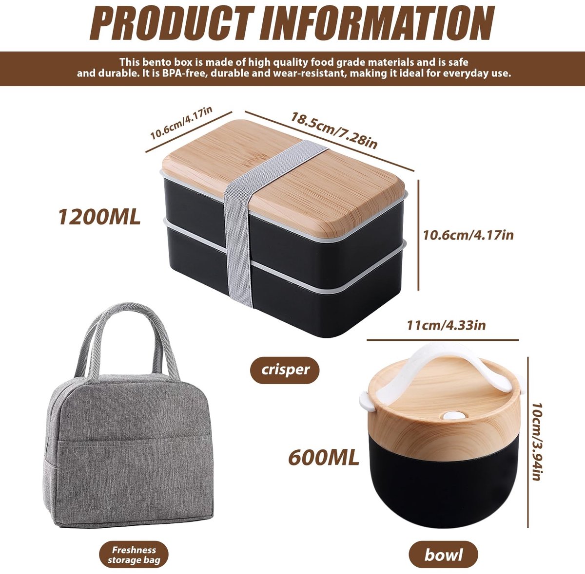 Dailygoods - 1400 ml Bento Box Japans: Bento Box voor volwassenen met soepkom en geïsoleerde tas, broodtrommel met vakken, stapelbaar, lunchbox voor volwassenen en kinderen, voor werk en school, lekvrij — cadeau in Koken & Dineren - foto 3