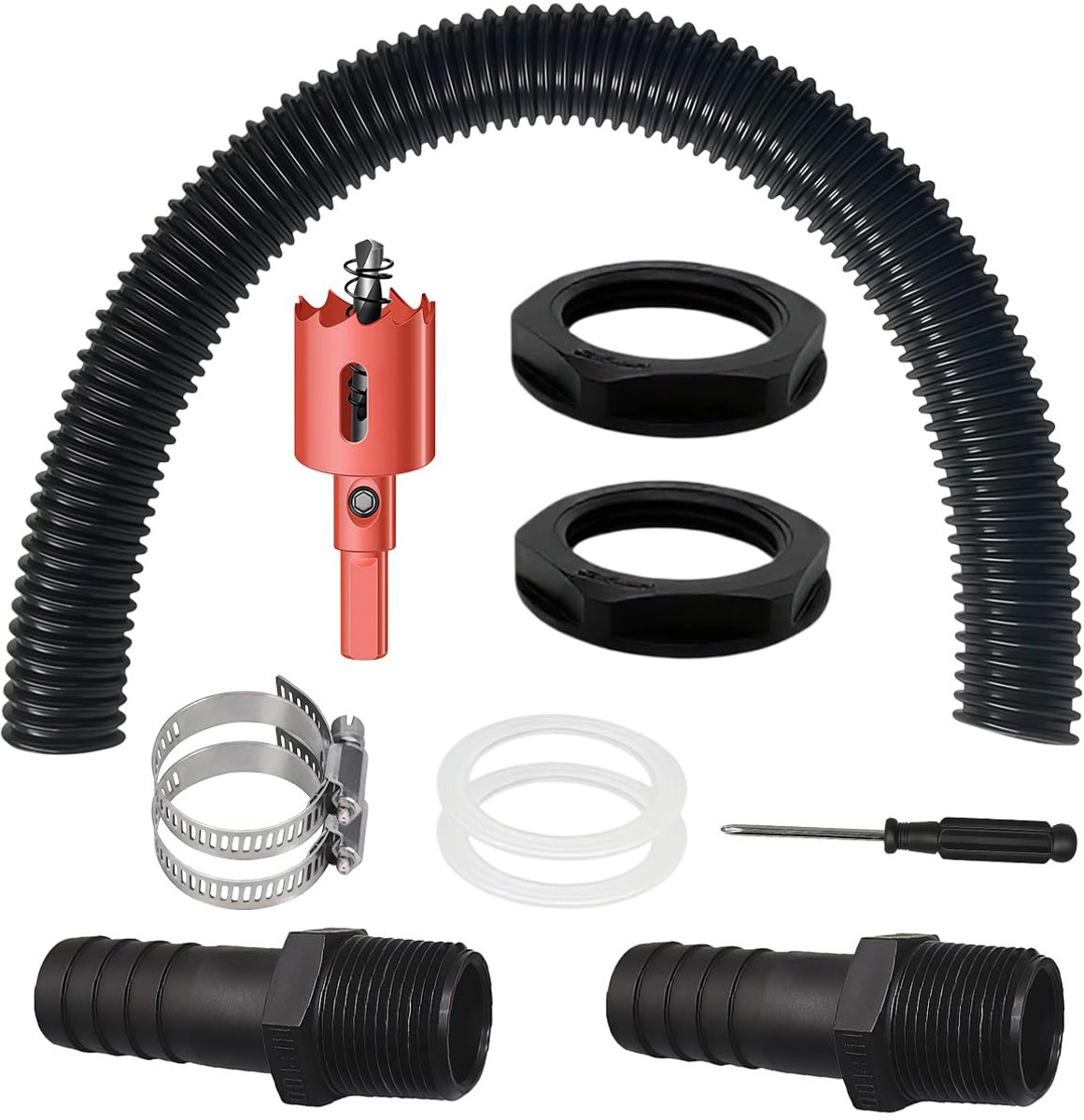 Regenton Verbindingsset, Regenton Verbinding Set met Slang 100cm, Regenton Aansluiting, Regenton Doorvoer, Regenton Verbinder voor Regenton Watertanks Cisternes