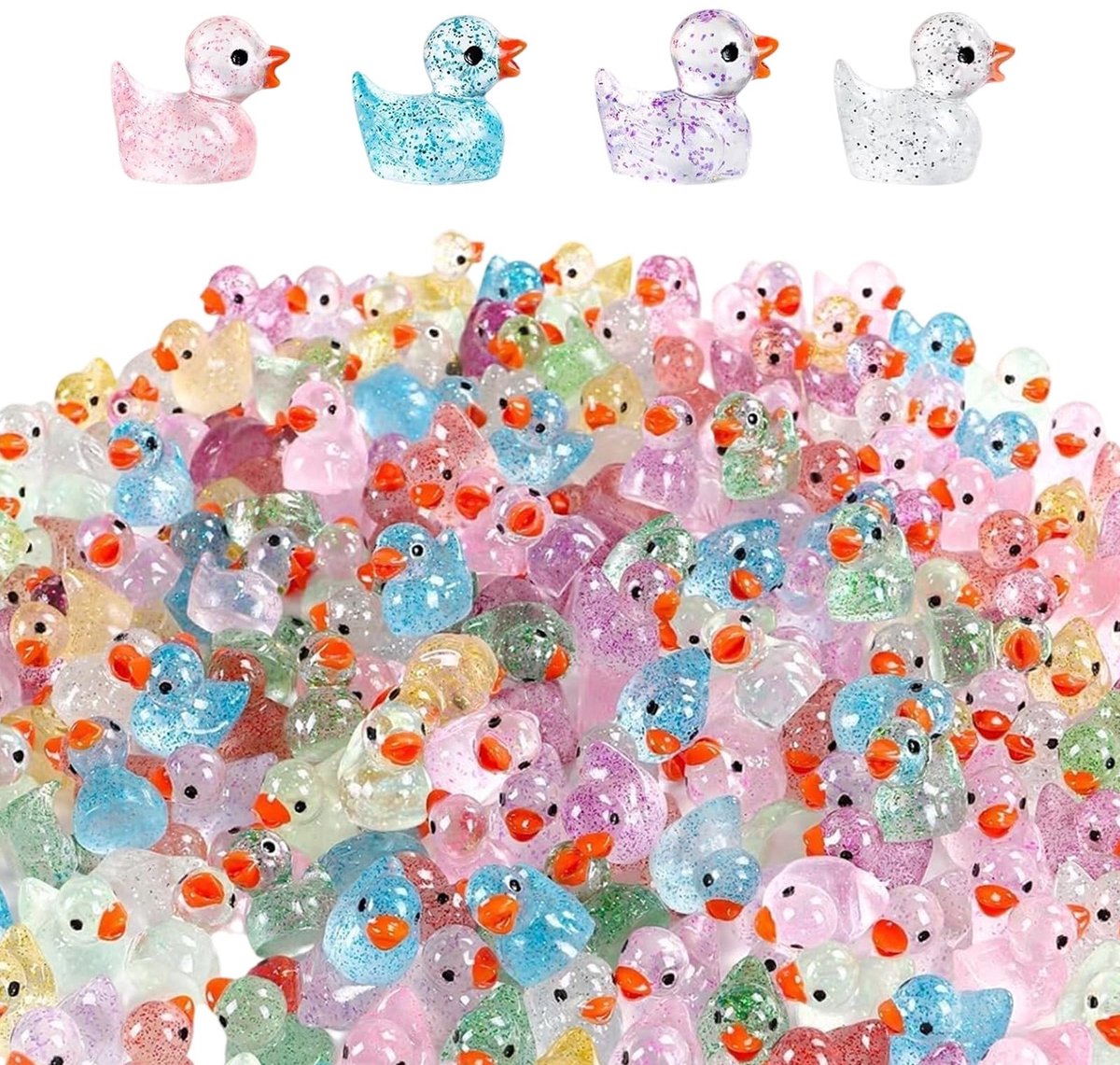 Dailygoods- Eendenornamenten 120 stuks - Mini Eenden - Hars - Veelkleurig - Slijtvast - Uniek lichteffect in het donker - Mini Eendjes