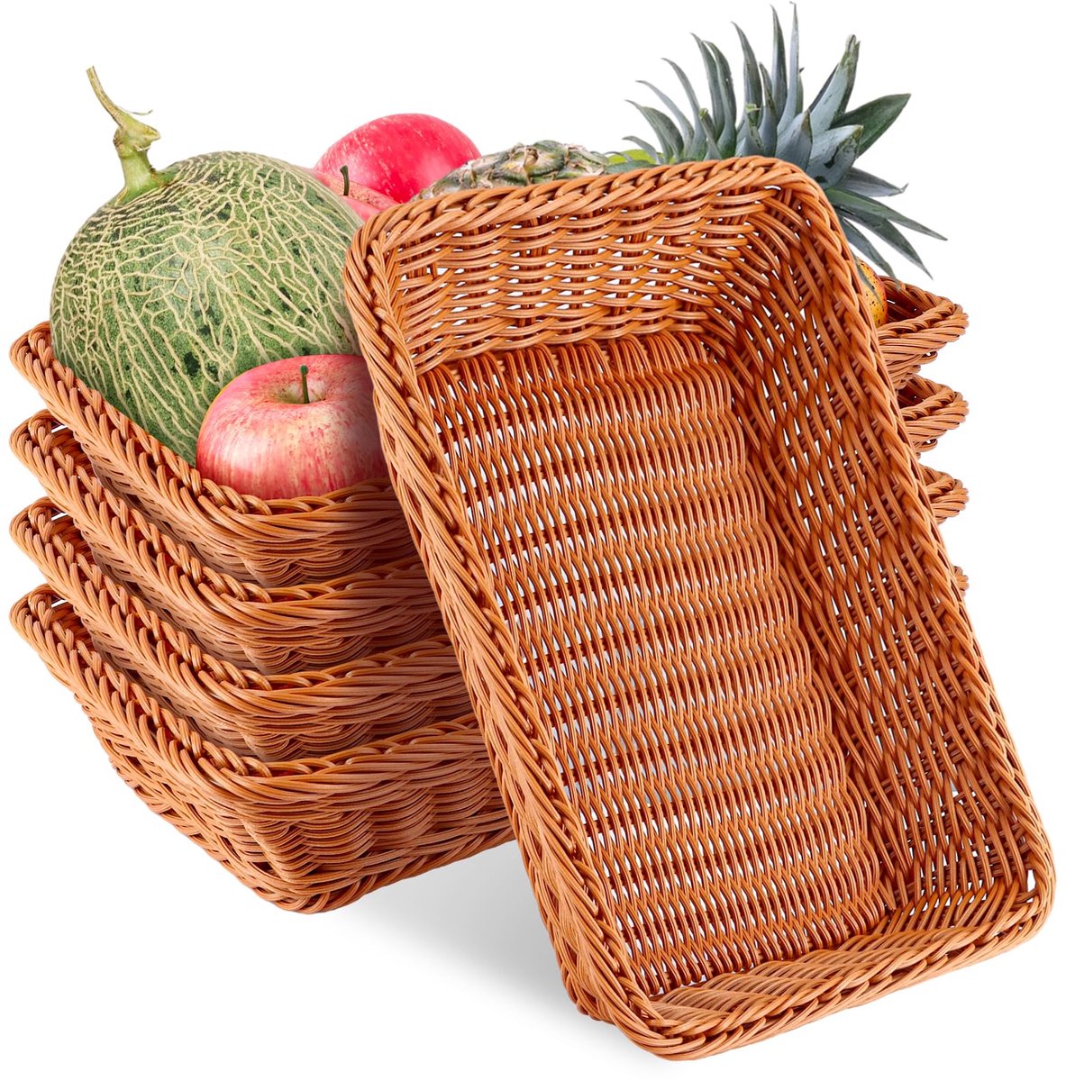 5 Stuks Opbergmand Set, Rechthoekige Mand 35 x 25 x 7 cm, Kunststof Organizer met Rattan Look Mand, Bruine Manden voor Plank, Kast, Badkamer en Bureau