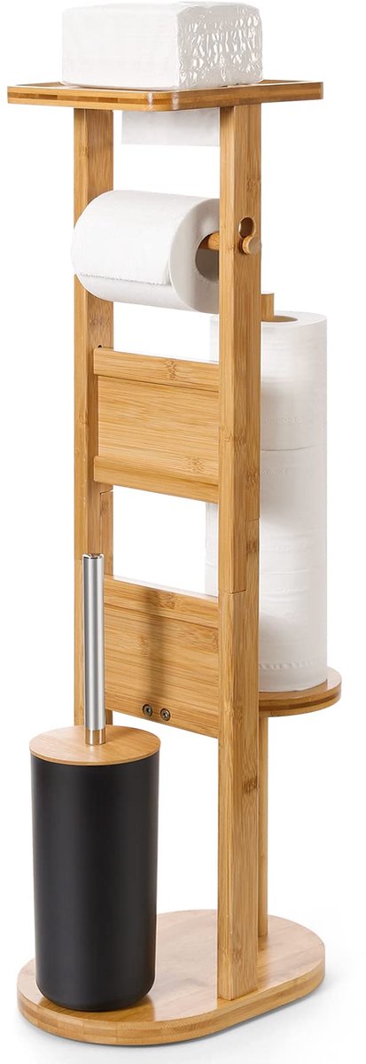 Staande wc-garnituur van bamboe, met toiletpapierhouder en toiletborstelhouder, smartphone-opberg/toiletborstel/toiletrolhouder (natuur)