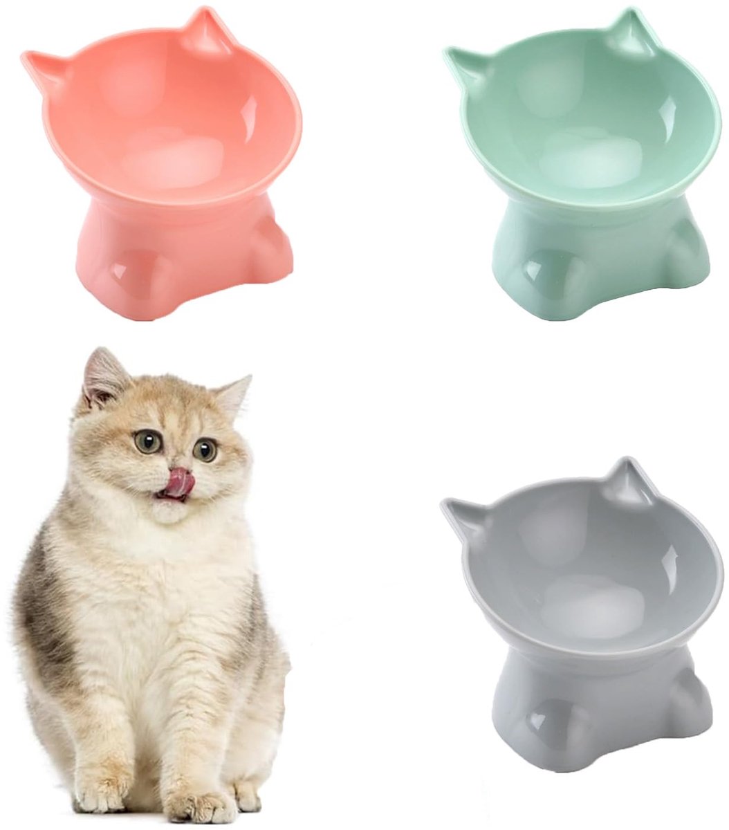 3 stuks kattenbak, verhoogde kattenvoerbak, voedselveilige kunststof, elk voor blauwgrijs, roze en groen, beschermt de gezondheid van huisdieren