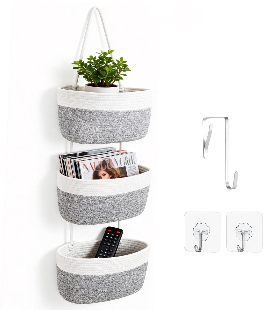 Hangende organizer, hangende organizer met haken, wandophangtas Zum3-zits, hangrek, stof muur van geweven katoenen touw, voor woonkamer, slaapkamer, badkamer, kinderkamer (grijswit)
