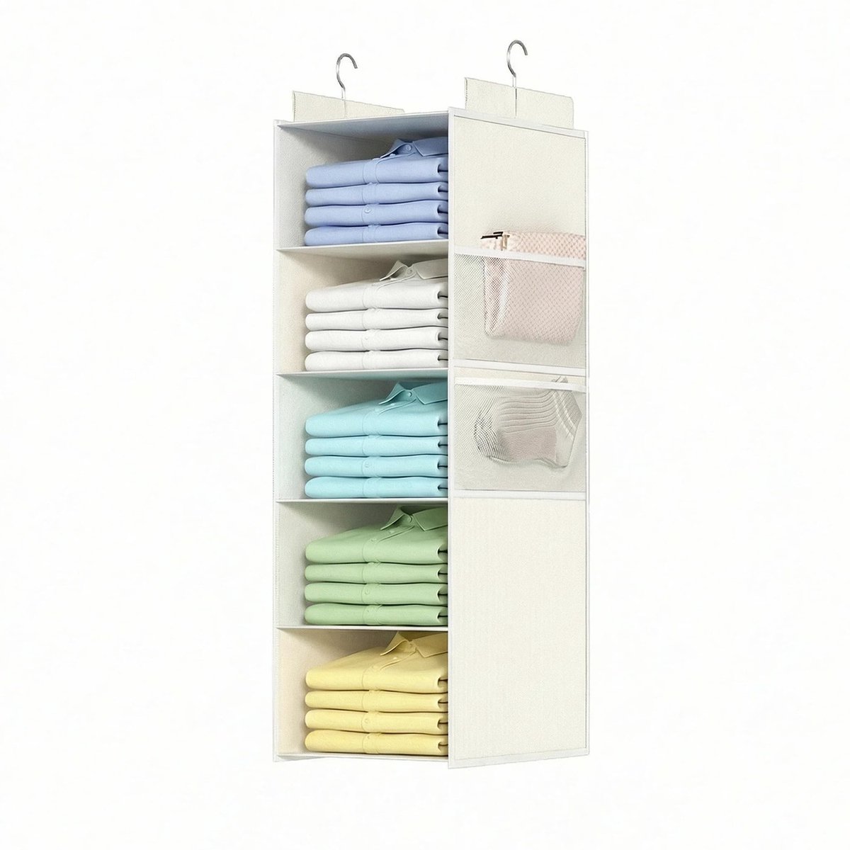 Extra Diepe Hangende Kastorganizer – 4 Grote Gaasvakken, Vormvast en Stevig, Voor Kleding, Schoenen en Meer, Ideaal voor Dorms en Campers (Wit, 5 Planken)