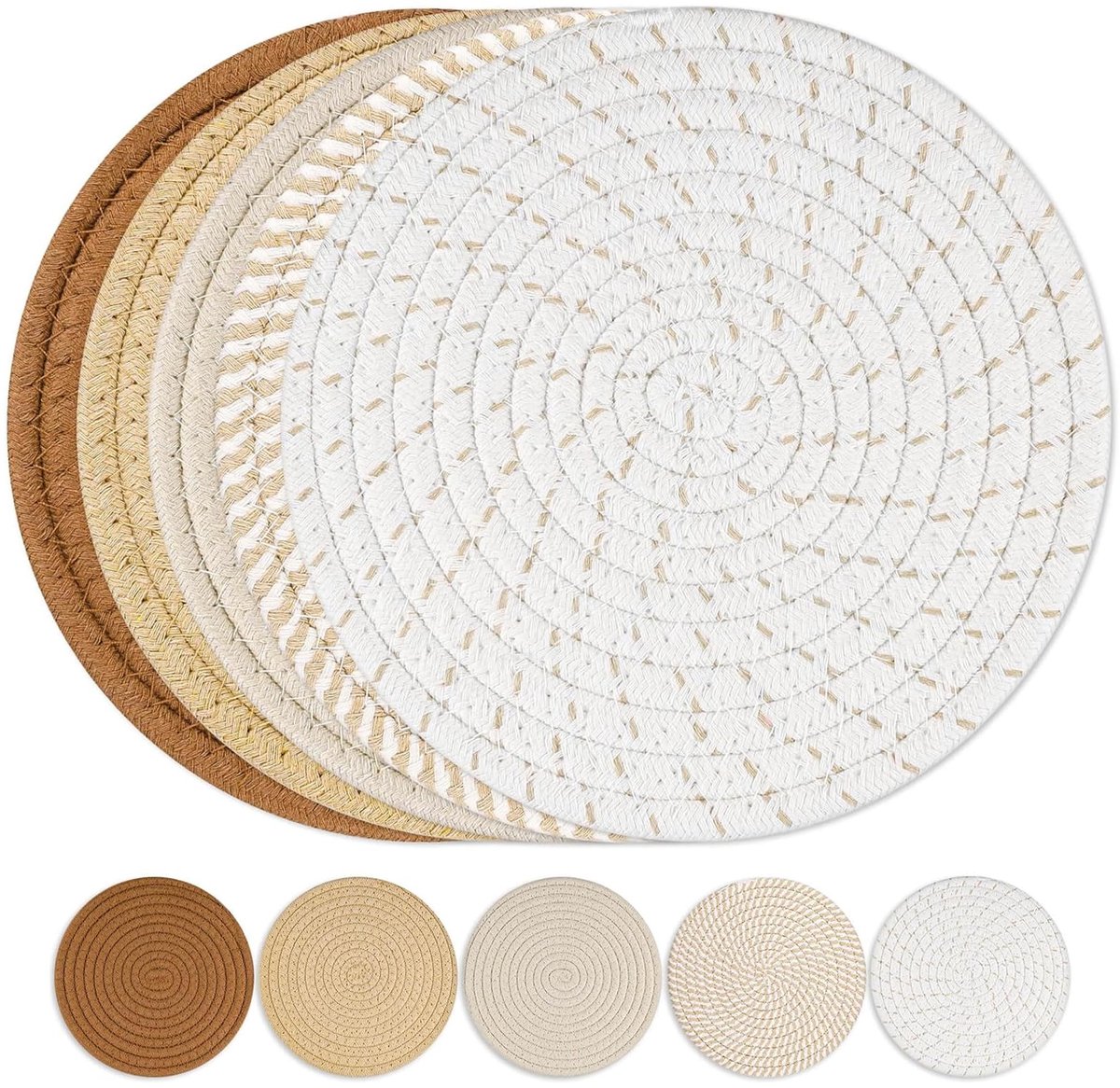 Onderzetter Set 5 Stukken, 20 cm Ronde Hittebestendige Vilten Onderzetter voor hotpots Theepot Bord, Onderzetter Pot Katoen gevlochten placemat Ronde placemat Keuken