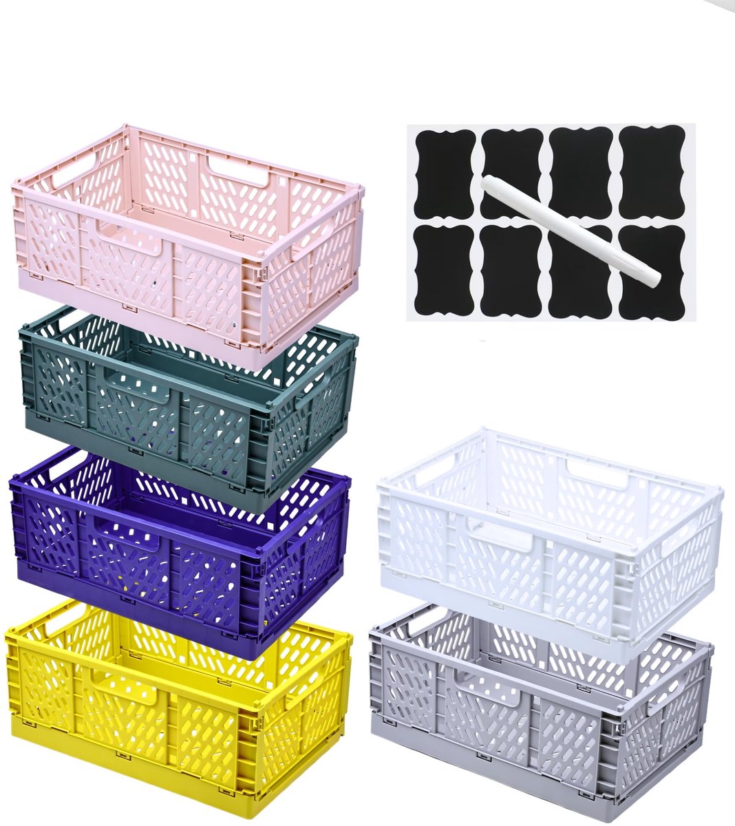 Set van 6 Opvouwbare Opbergdozen met Etiketten en Pennen,Opvouwbare Opbergmanden met Handvatten,Stapelbaar voor keuken,kantoor en lades (Gemengde kleuren, 42,5×28,5×16,5 cm)