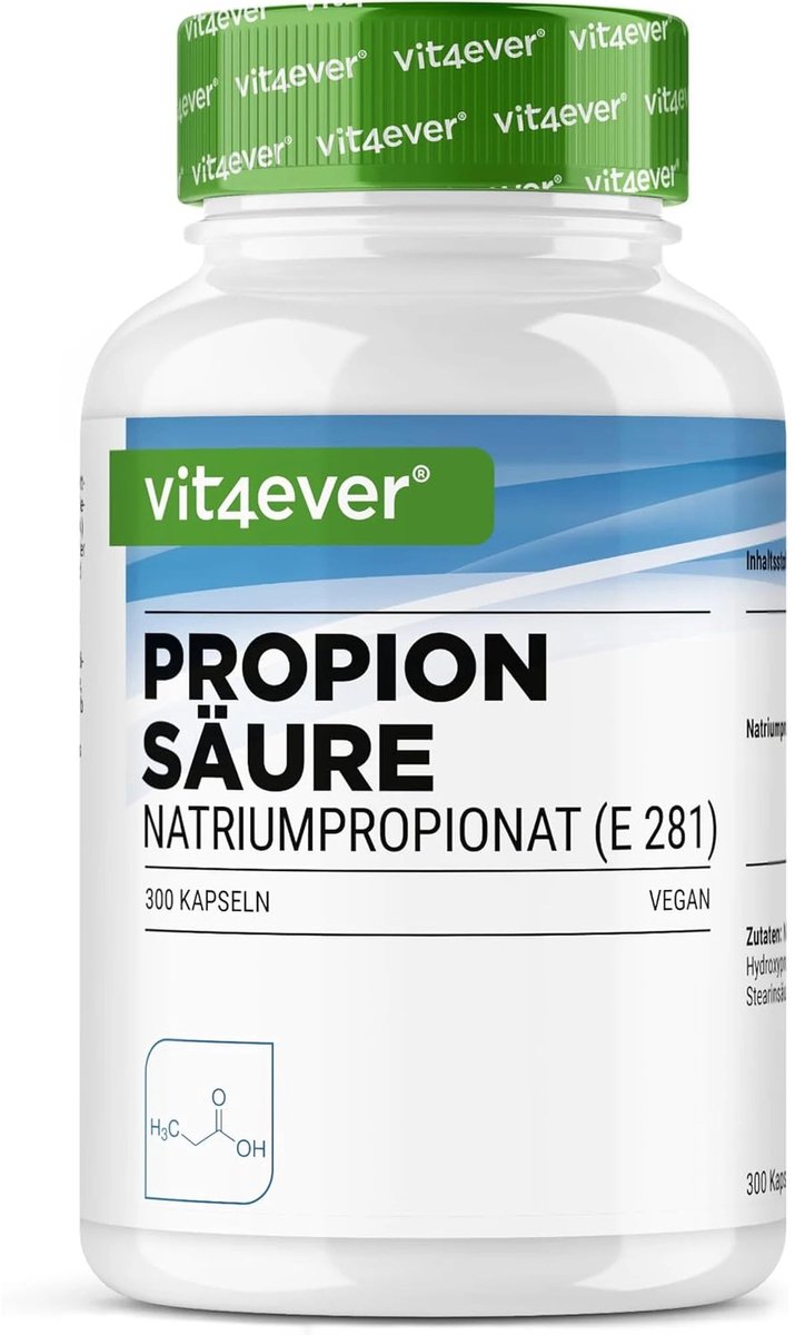 Vit4ever Propionzuur (Natriumpropionaat) - 300 Capsules - 500 mg per Capsule - E281 - Darmflora - Vegan - Hooggedoseerd