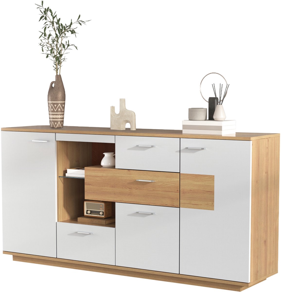 Zubaliya Sideboard - 160x40x77 cm wit/houtlook - LED-verlichting (16 kleuren) - 4 laden & 2 deuren - verstelbare planken