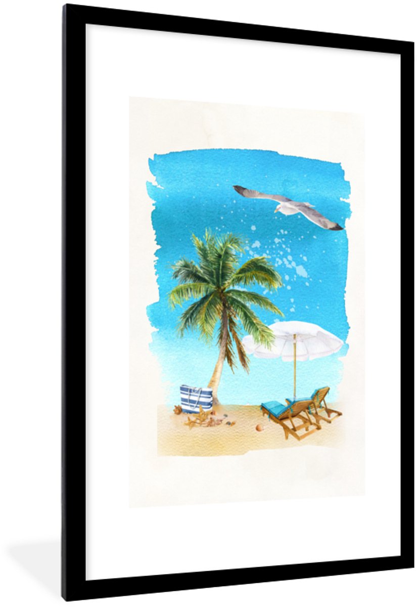 Poster in lijst - Fotolijst 80x120 cm - Posters - Strandstoel - Parasol - Palmboom - Lucht