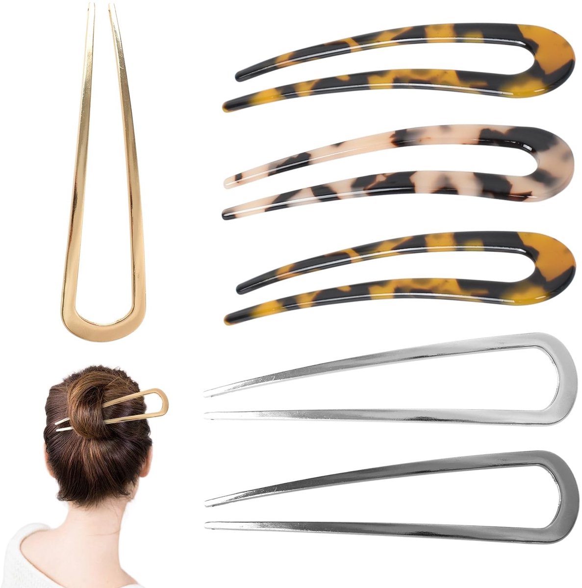 Dailygoods - Haarspelden, 6 verschillende U-vormige haarspelden, elegante Franse haarspeld voor alle haartypes voor dames, licht en comfortabel, meerdere kleuren