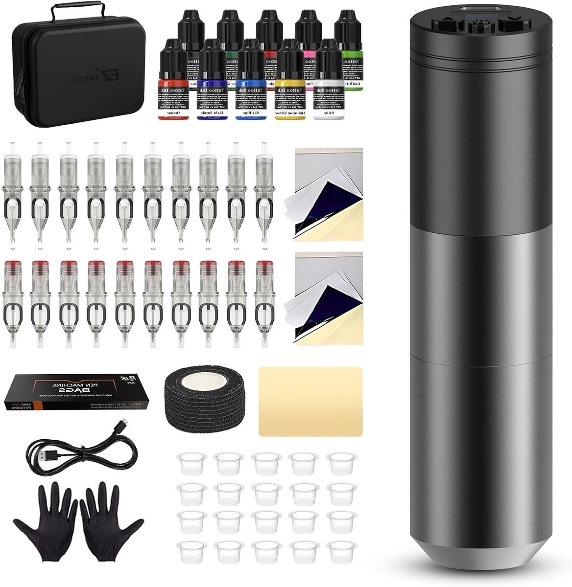Tattoo Machine Kit - Draadloze Pen - Professioneel Gebruik - 1500mAh Batterij - 20 Naalden - Grijs