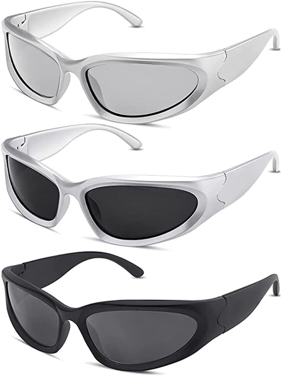 Vintage zonnebril voor heren en dames, 3 paar, futuristische zonnebril, lichtgewicht wrap around UV400, fietsbril, sportbril