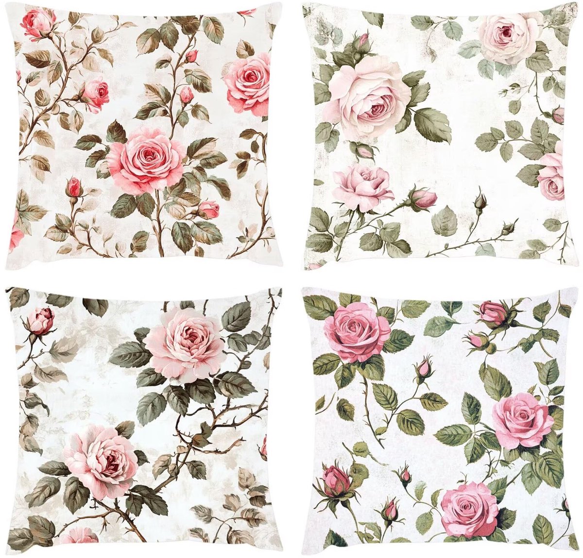 Kussenhoezen voor de bank, 45 x 45 cm, set van 4 landelijke bankkussens, sierkussen, outdoorkussens van linnen, kussenhoezen, roze, vierkant kussen, voor balkon, bed, terras, tuin, slaapkamer, S1-838