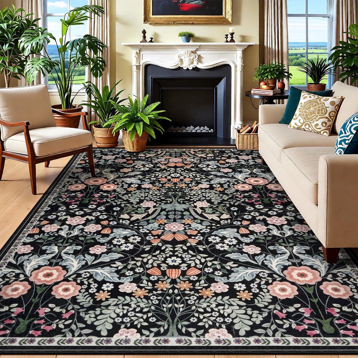 Vloerkleed voor de woonkamer, wasbaar, 160 x 230 cm, met bloemenpatroon, boho, vintage, laagpolig, zacht, antislip, beige, voor woonkamer, slaapkamer, eetkamer