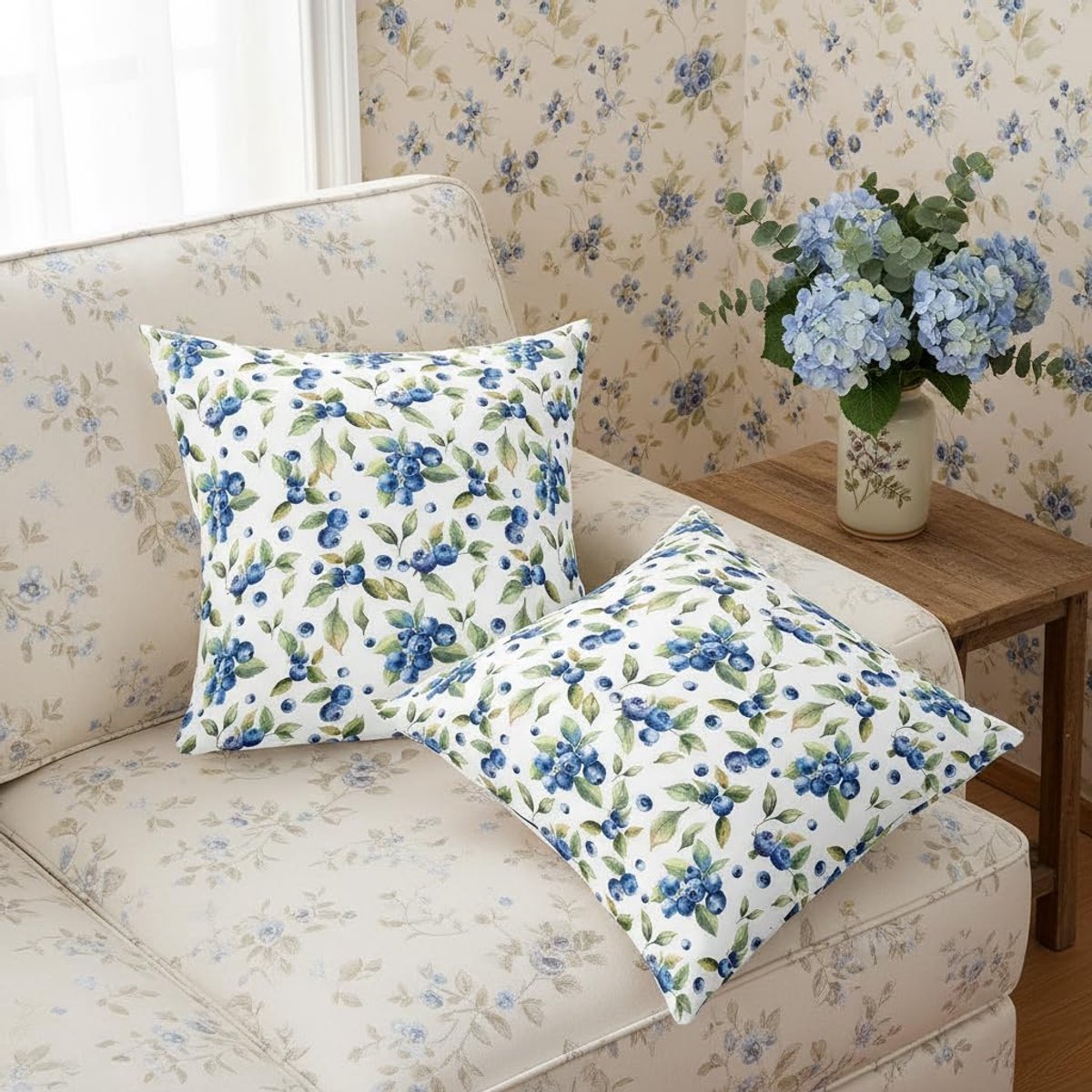 Kussenhoes met aquarel bosbessen, set van 2, 40 x 40 cm, wilde planten, kussenhoes voor tieners, botanische bladeren