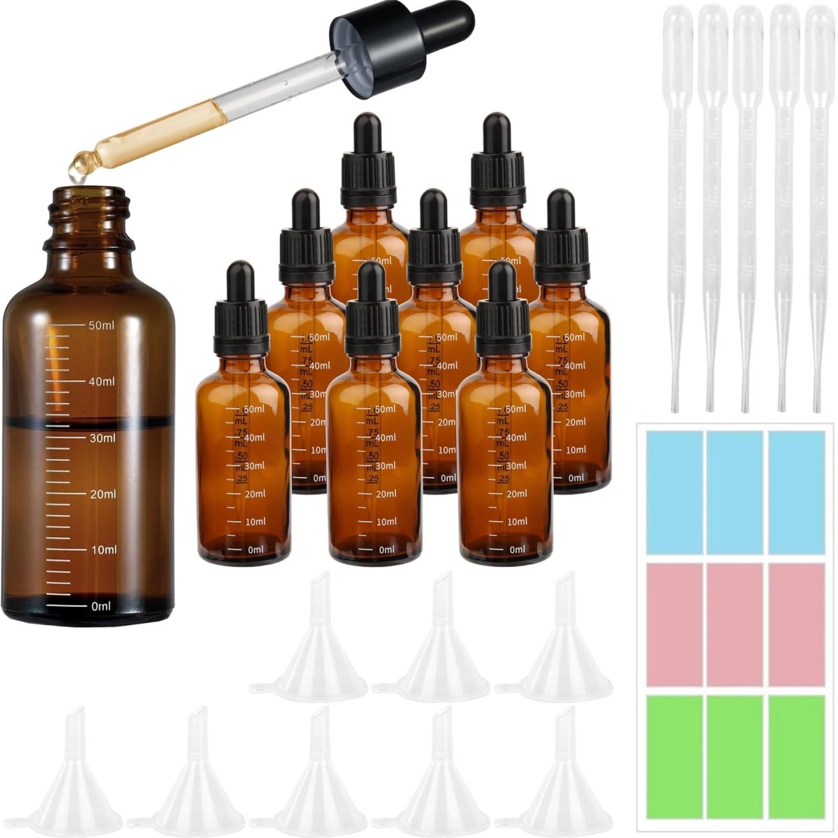Dailygoods - HhBdy 8 stuks 50 ml pipetflessen met glazen pipet, apothekersfles bruin glas 