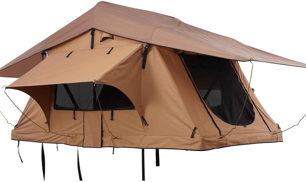CORE Daktent - Autodaktent - Opvouwbare daktent - Harde schaal - 2 tot 3 personen - PVC hoes - Waterdicht - UV-bestendig - Inclusief verstelbare ladder - Voor SUV Pick-up Vrachtwagen etc. - Vouw afmeting 125.5x144x25.5cm - 265x336x132cm - Bruin
