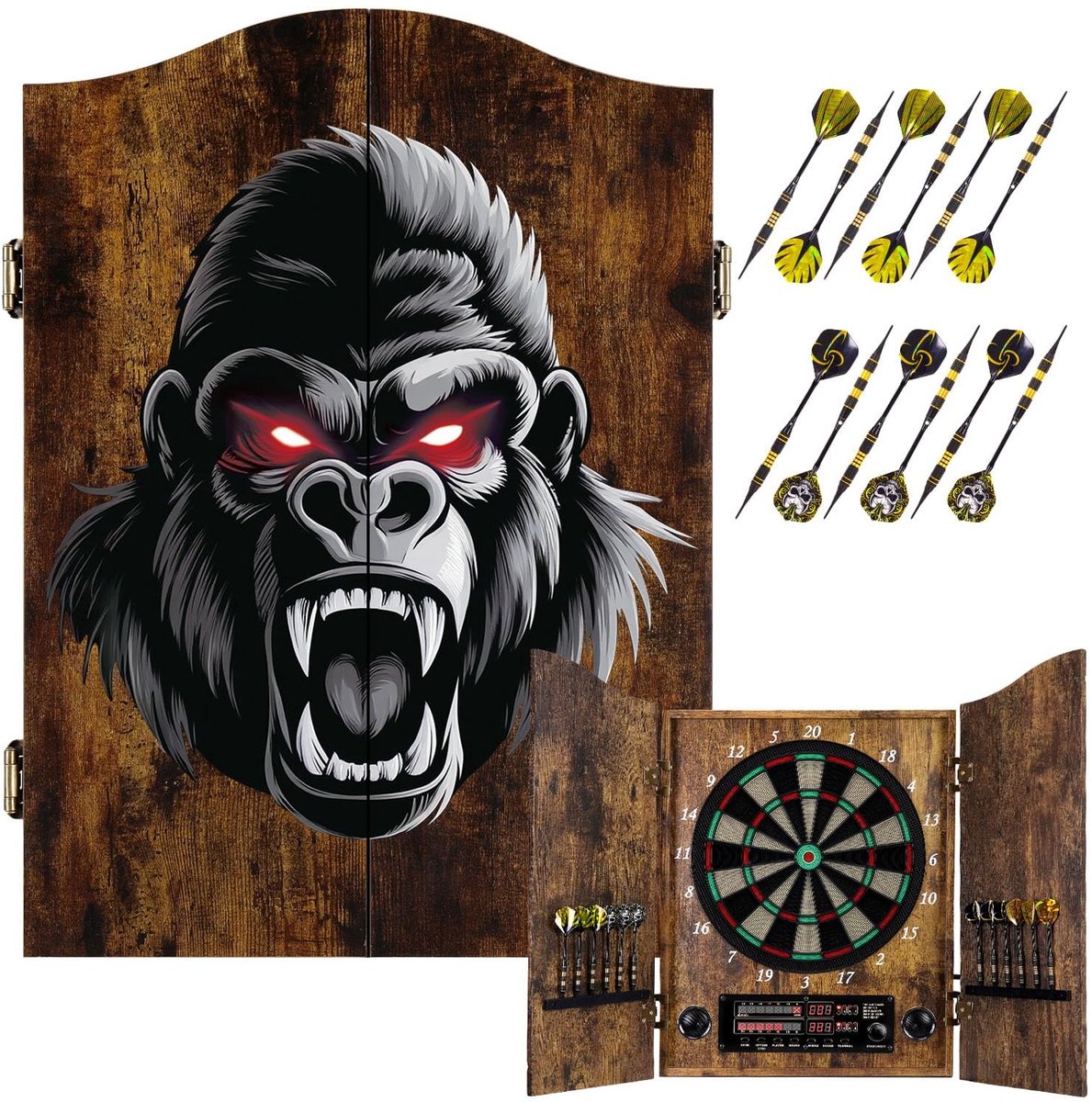 Dailygoods- Dartbord Elektronisch - Professionele E-Dartschijf - 12 Brons Soft-Tip Pijlen - Decoratief Houten Kastset - Vintage Design - Geschikt voor Binnen/Buiten