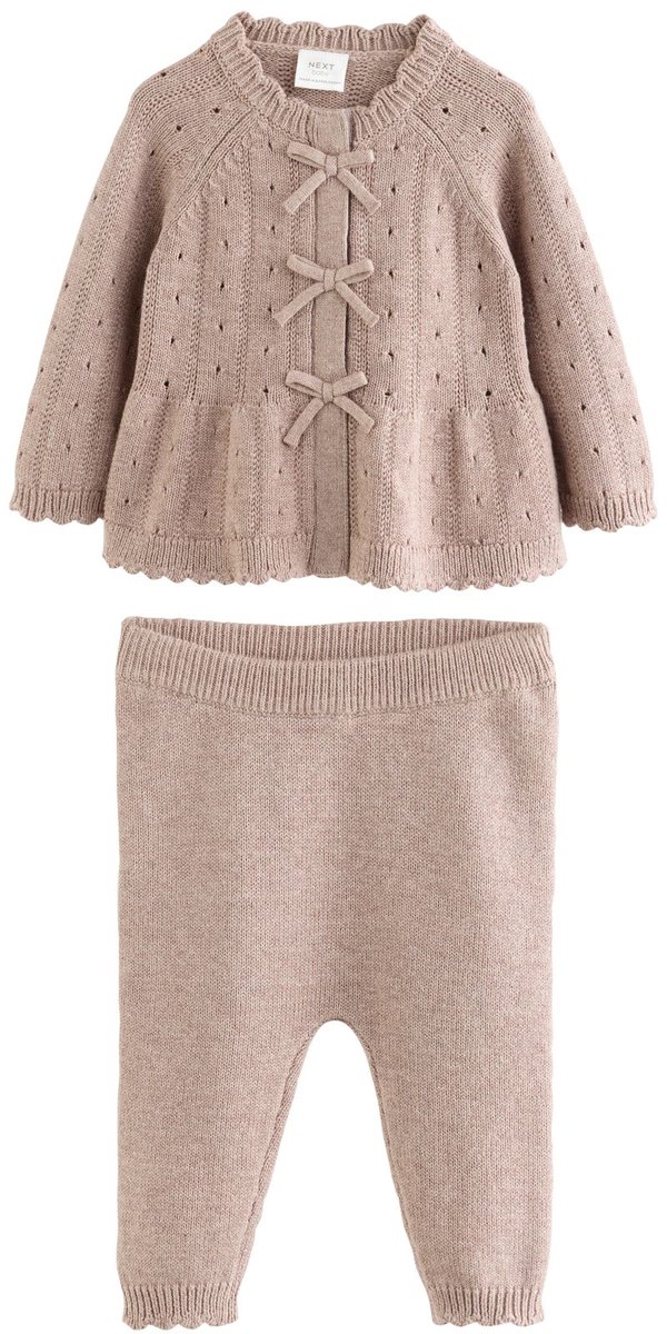 Next - Meisjes - 2-delige set met gebreid babyvestje met ruches en strik en legging - Bruin