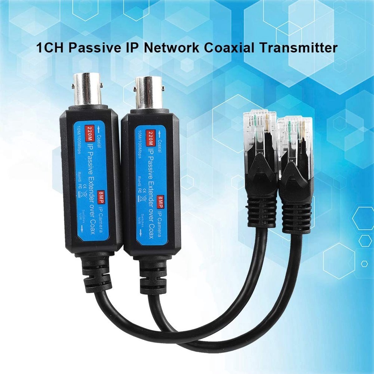 Dailygoods- Coaxiale Zender 10/100 Mbps - Passieve IP-netwerk Extender - Maximale Afstand 220 m - Voor IP NVR-camera - Compacte Afmetingen 2,0 x 7,5 x 1,8 cm - Video Extender