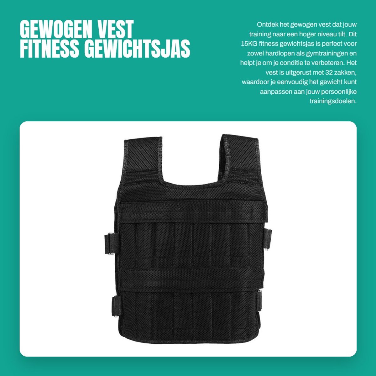 Dailygoods- Gewichtsvest 15kg - Verstelbaar - Multi pockets - Slijtvast - Geschikt voor diverse training - Maximale belasting 50kg