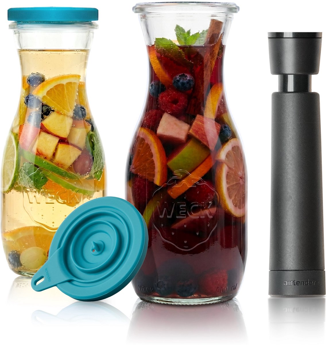 Airtender Instant Sangria Maker 500ml (2st.) | 2x Vacuüm Sangriakaraf van glas | 2x Vacuümdeksel + GRATIS -pomp | Maak razendsnel de lekkerste Sangria! | Zonder vacuüm te gebruiken | Vacuüm versnelt de infusie (duurt 15-30min) en creëert meer smaak