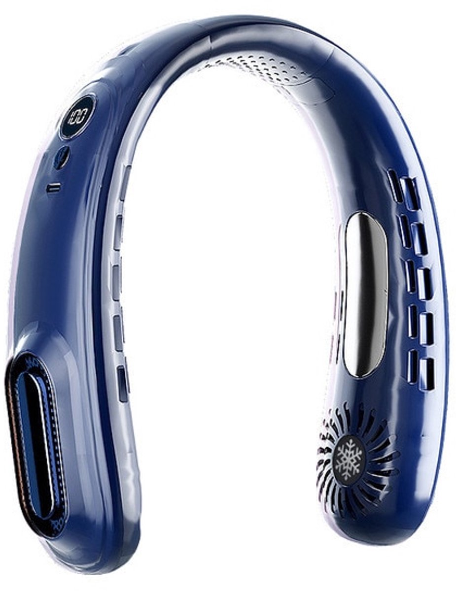 Draagbare ventilator zonder bladen, oplaadbaar via USB, 5 instelbare snelheden, blauw.