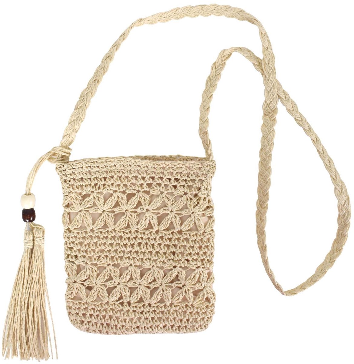 Dailygoods - Stro-schoudertas, kleine wilgentas, zomertas van stro, Boheems, gehaakt, met ritssluiting en kwast, voor vakantie, feest, afspraak