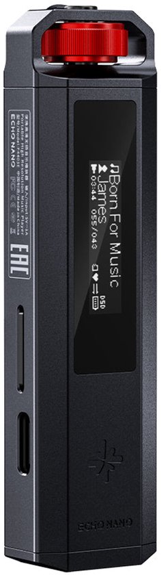 Zwarte Echo Nano MP3-speler met rood draaiwiel en klein scherm waarop 'Born For Music' staat.